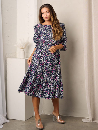 WOMEN'S SHORT SLEEVE RUFFLE POCKETS FLORAL MIDI DRESS