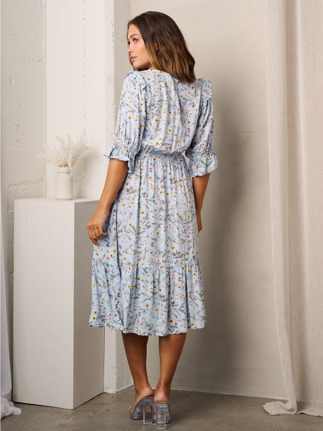 WOMEN'S SHORT SLEEVE RUFFLE POCKETS FLORAL MIDI DRESS