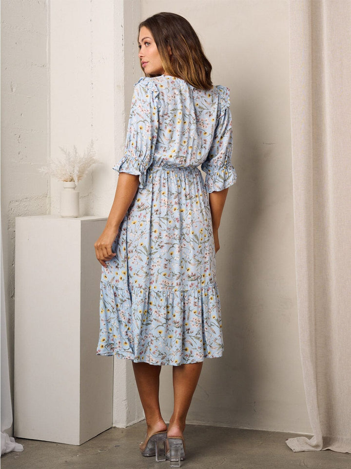 WOMEN'S SHORT SLEEVE RUFFLE POCKETS FLORAL MIDI DRESS