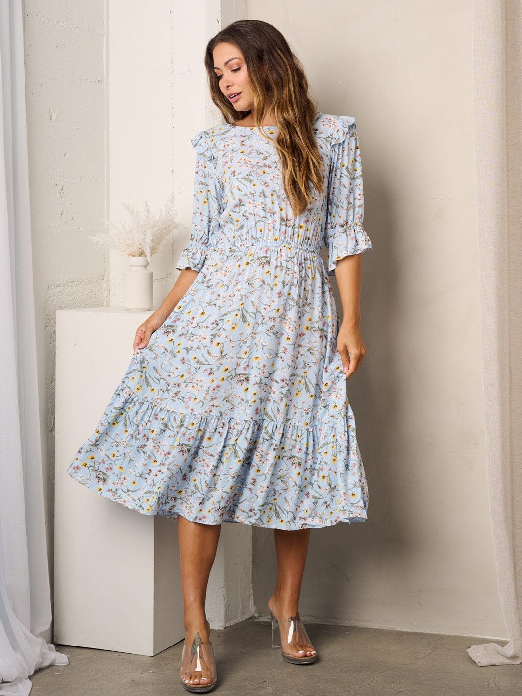 WOMEN'S SHORT SLEEVE RUFFLE POCKETS FLORAL MIDI DRESS