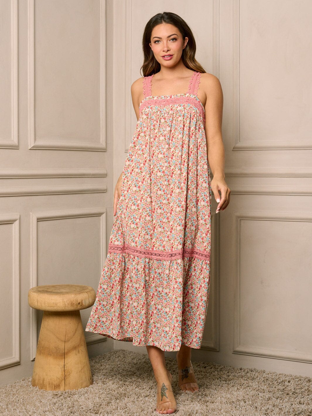 WOMEN'S SLEEVELESS TUNIC POCKETS FLORAL MAXI DRESS