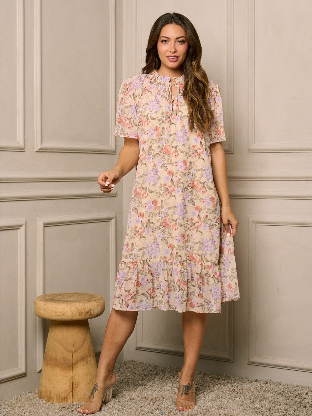 WOMEN'S SHORT SLEEVE V-NECK TUNIC FLORAL MIDI DRESS