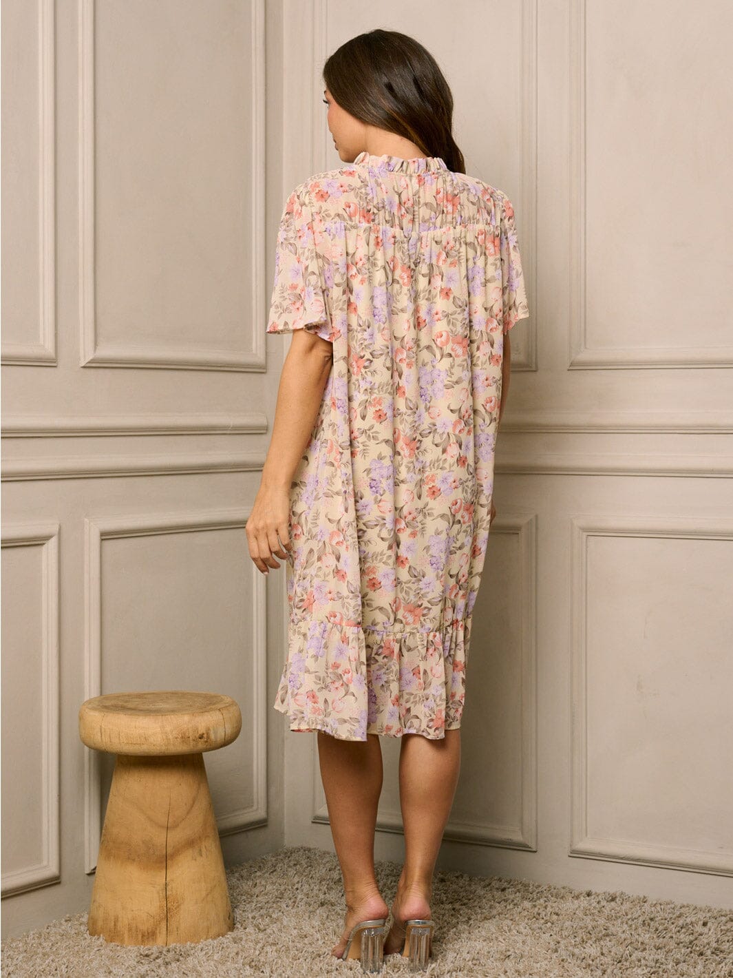 WOMEN'S SHORT SLEEVE V-NECK TUNIC FLORAL MIDI DRESS
