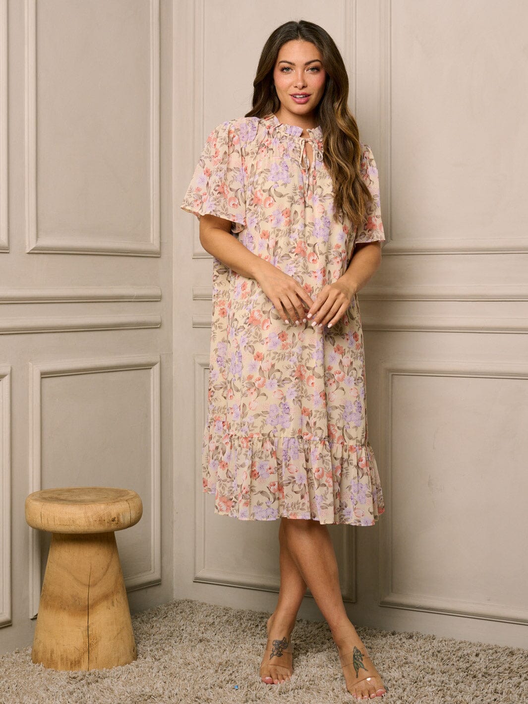 WOMEN'S SHORT SLEEVE V-NECK TUNIC FLORAL MIDI DRESS