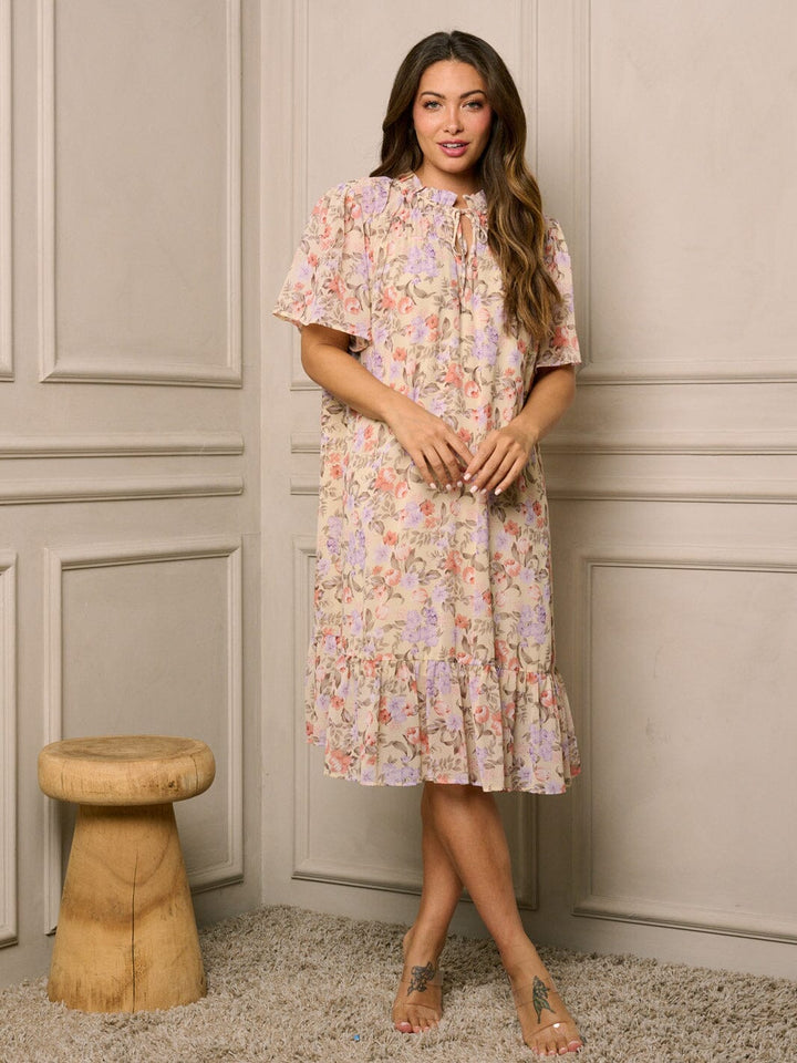 WOMEN'S SHORT SLEEVE V-NECK TUNIC FLORAL MIDI DRESS