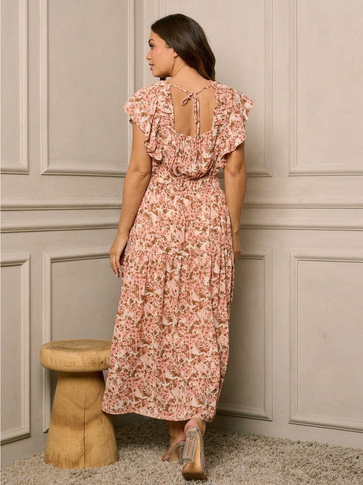 WOMEN'S RUFFLE SLEEVE TIERED V-NECK FLORAL MAXI DRESS