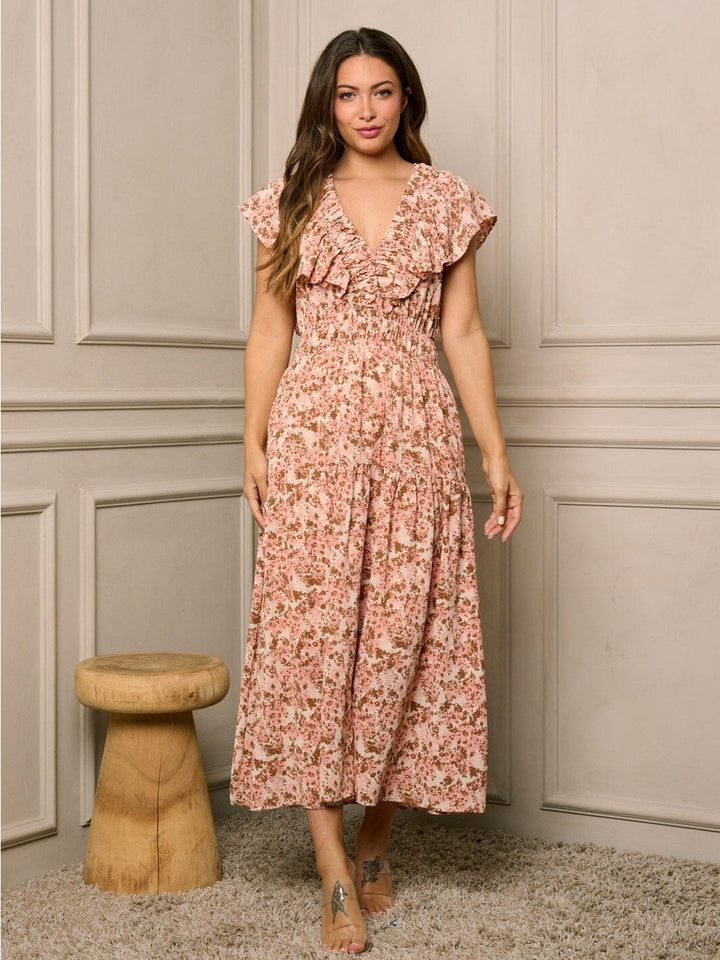 WOMEN'S RUFFLE SLEEVE TIERED V-NECK FLORAL MAXI DRESS