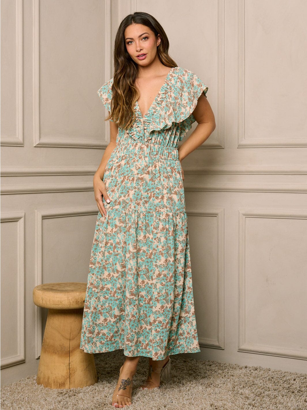 WOMEN'S RUFFLE SLEEVE TIERED V-NECK FLORAL MAXI DRESS