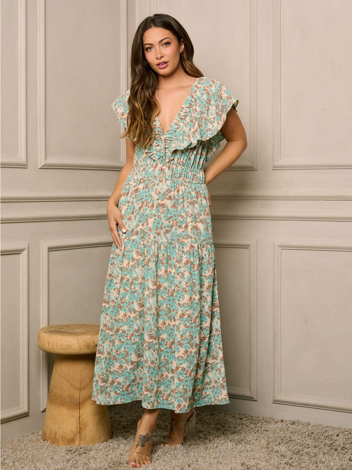 WOMEN'S RUFFLE SLEEVE TIERED V-NECK FLORAL MAXI DRESS