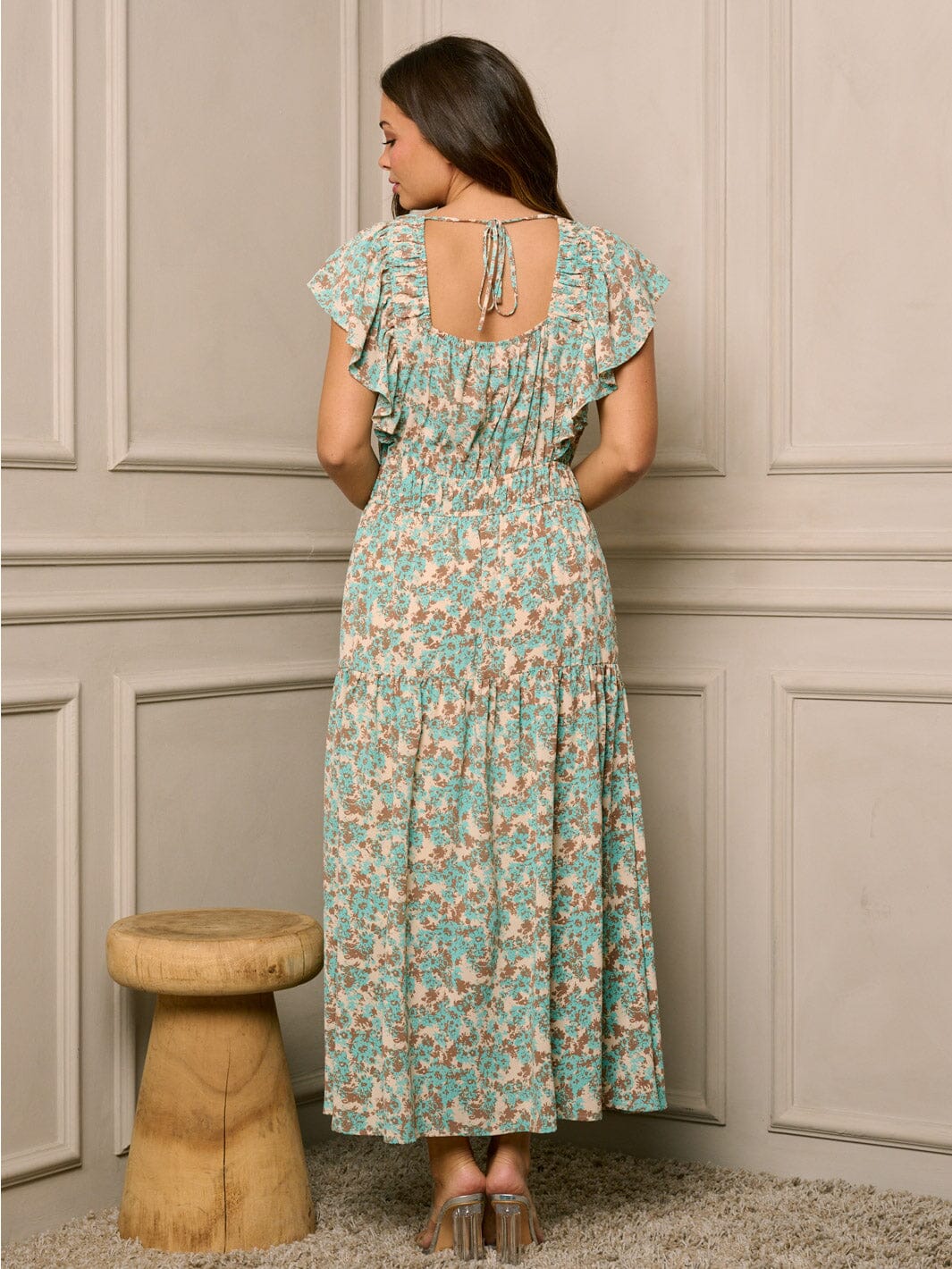 WOMEN'S RUFFLE SLEEVE TIERED V-NECK FLORAL MAXI DRESS
