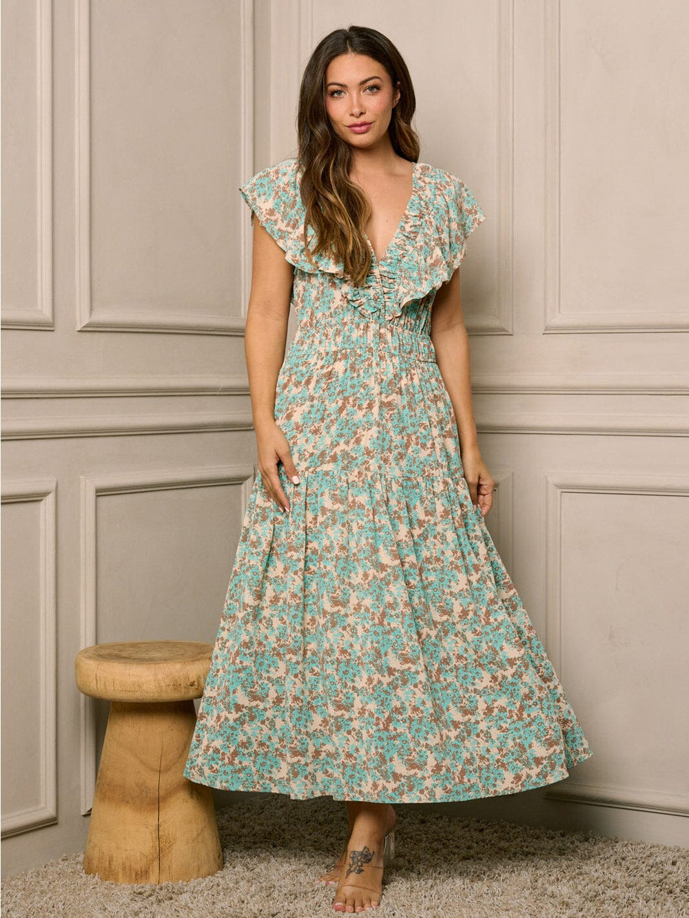 WOMEN'S RUFFLE SLEEVE TIERED V-NECK FLORAL MAXI DRESS