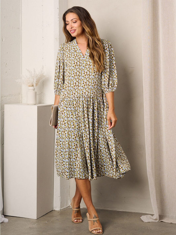 WOMEN'S SHORT SLEEVE V-NECK FLORAL MIDI DRESS