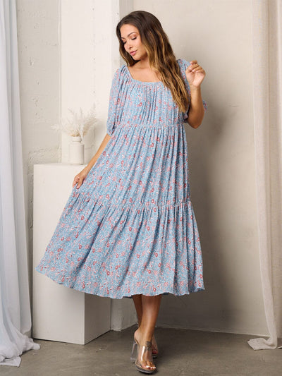 WOMEN'S SHORT SLEEVE TIERED FLORAL MIDI DRESS