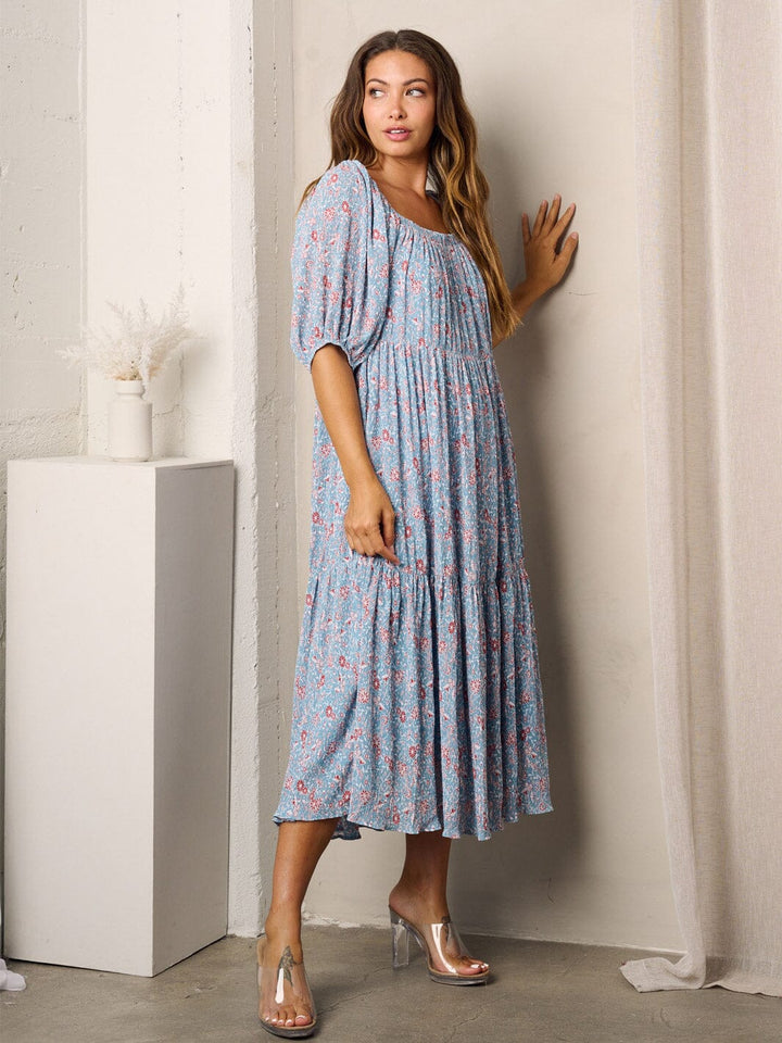 WOMEN'S SHORT SLEEVE TIERED FLORAL MIDI DRESS