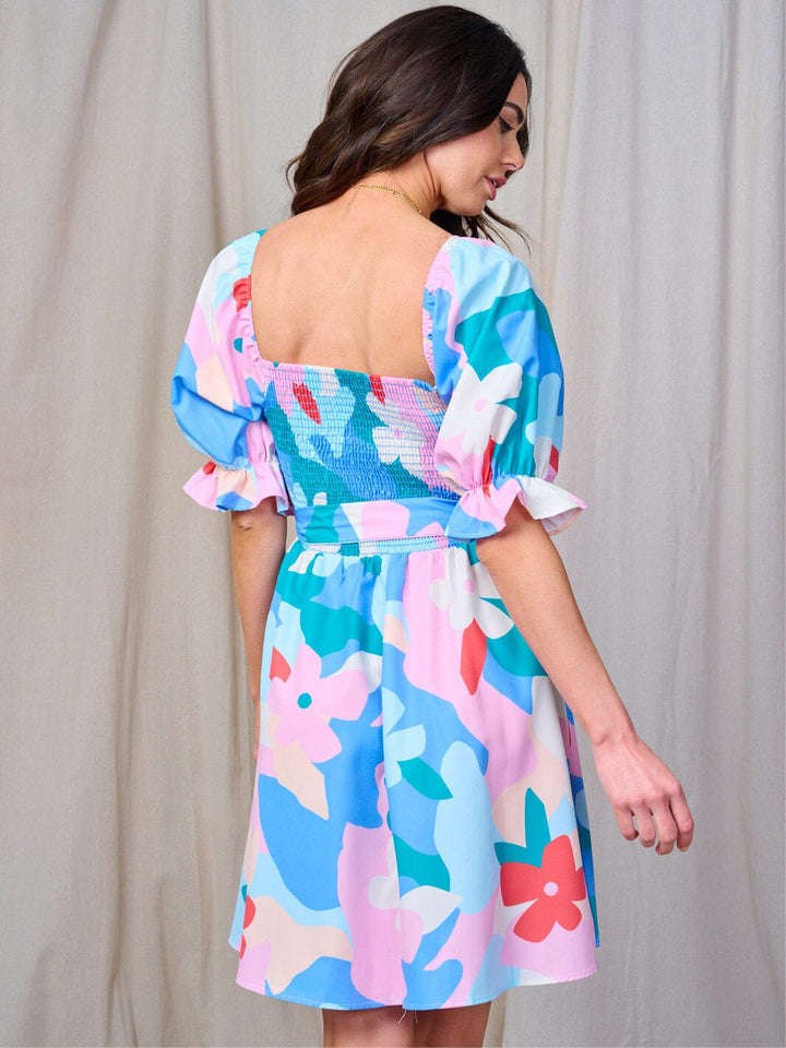 WOMEN'S SHORT SLEEVE SMOCK SELF TIE MULTI PRINT MINI DRESS