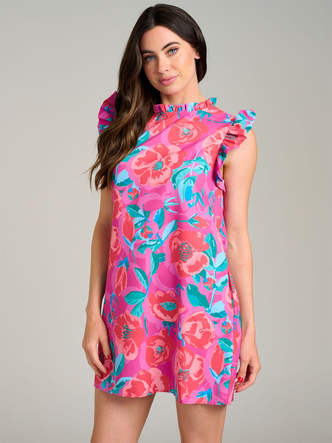 WOMEN'S RUFFLE SLEEVE FLORAL TUNI MINI DRESS