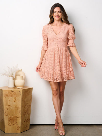 WOMEN'S 3/4 SLEEVE V-NECK FIT & FLARE ALL OVER LACE MINI DRESS