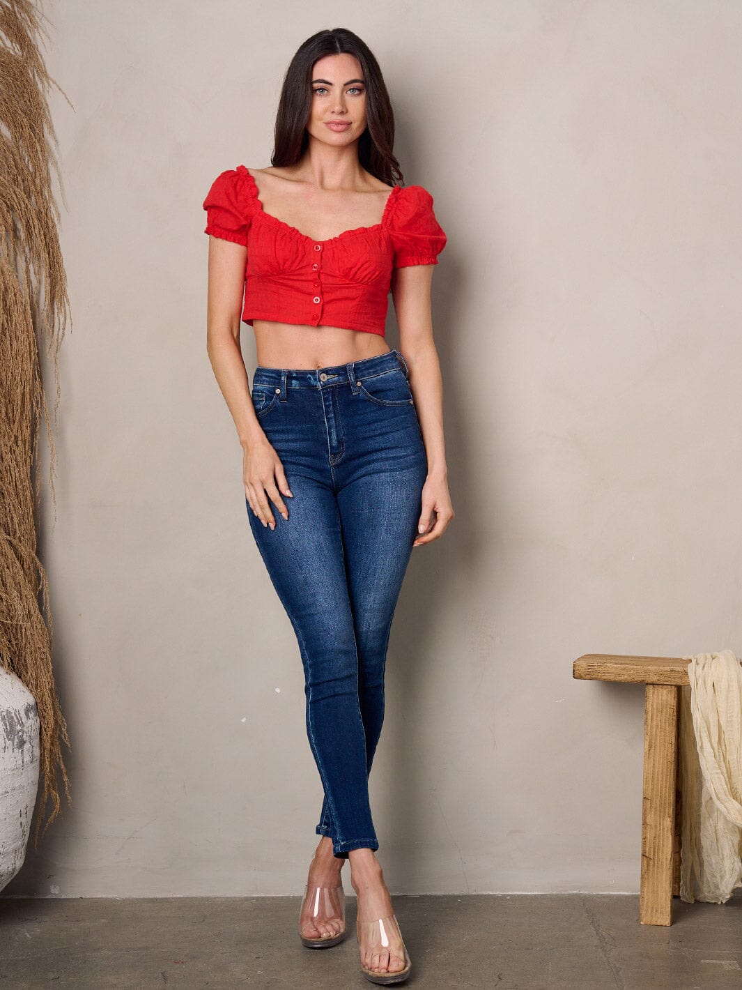 WOMEN'S SHORT BUTTON UP SLEEVE CROP TOP