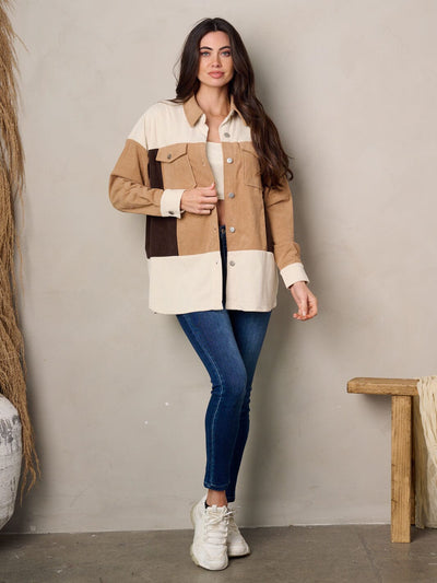 WOMEN'S LONG SLEEVE BUTTON UP COLORBLOCK CORDUROY JACKET