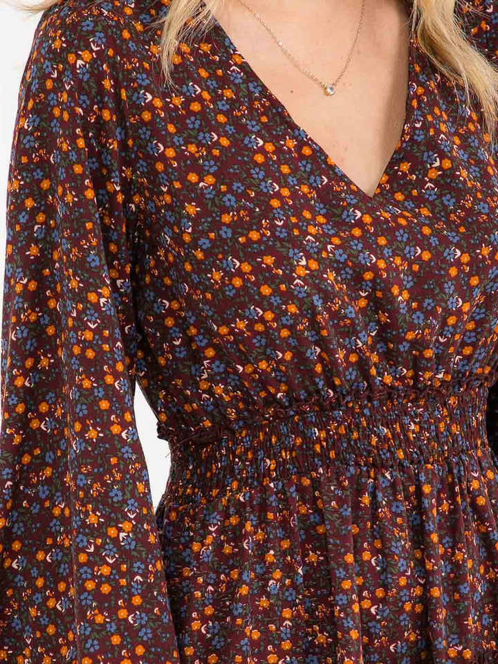 WOMEN'S LONG SLEEVE V-NECK FLORAL SMOCK WAIST MINI DRESS