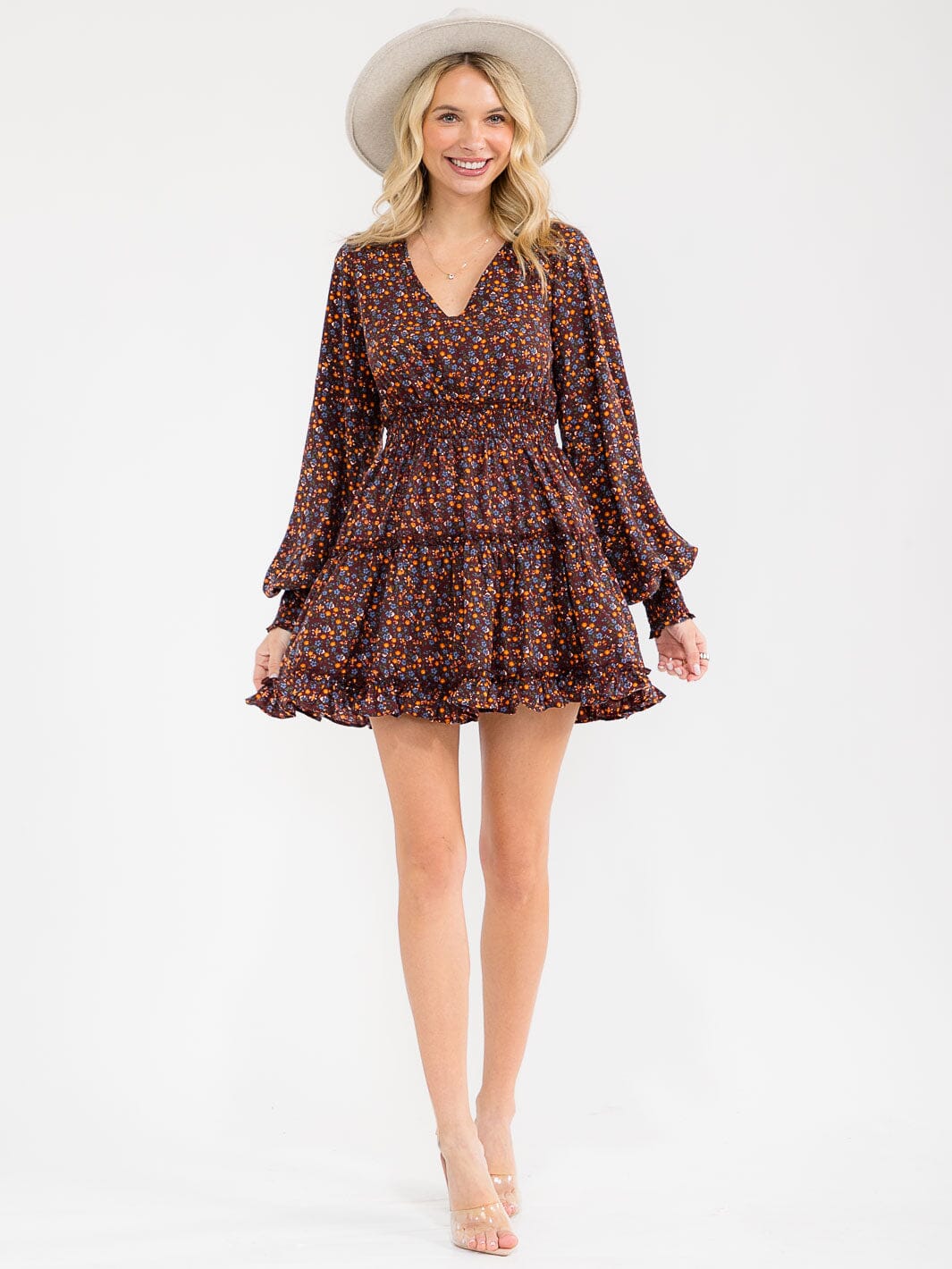 WOMEN'S LONG SLEEVE V-NECK FLORAL SMOCK WAIST MINI DRESS