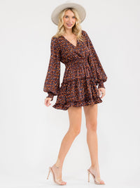 WOMEN'S LONG SLEEVE V-NECK FLORAL SMOCK WAIST MINI DRESS