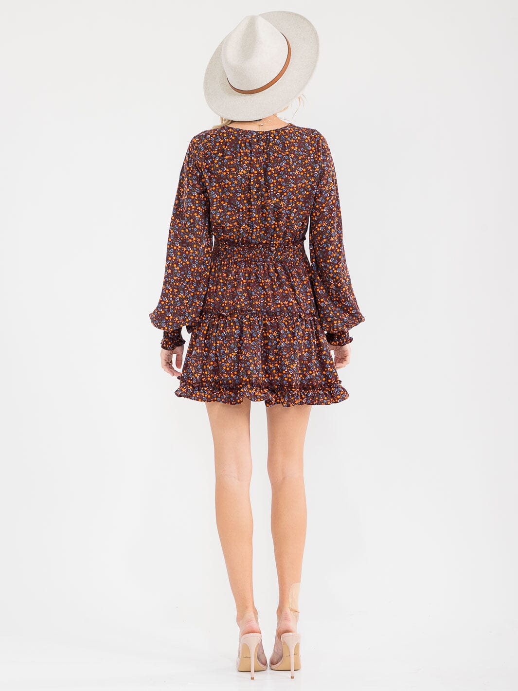 WOMEN'S LONG SLEEVE V-NECK FLORAL SMOCK WAIST MINI DRESS