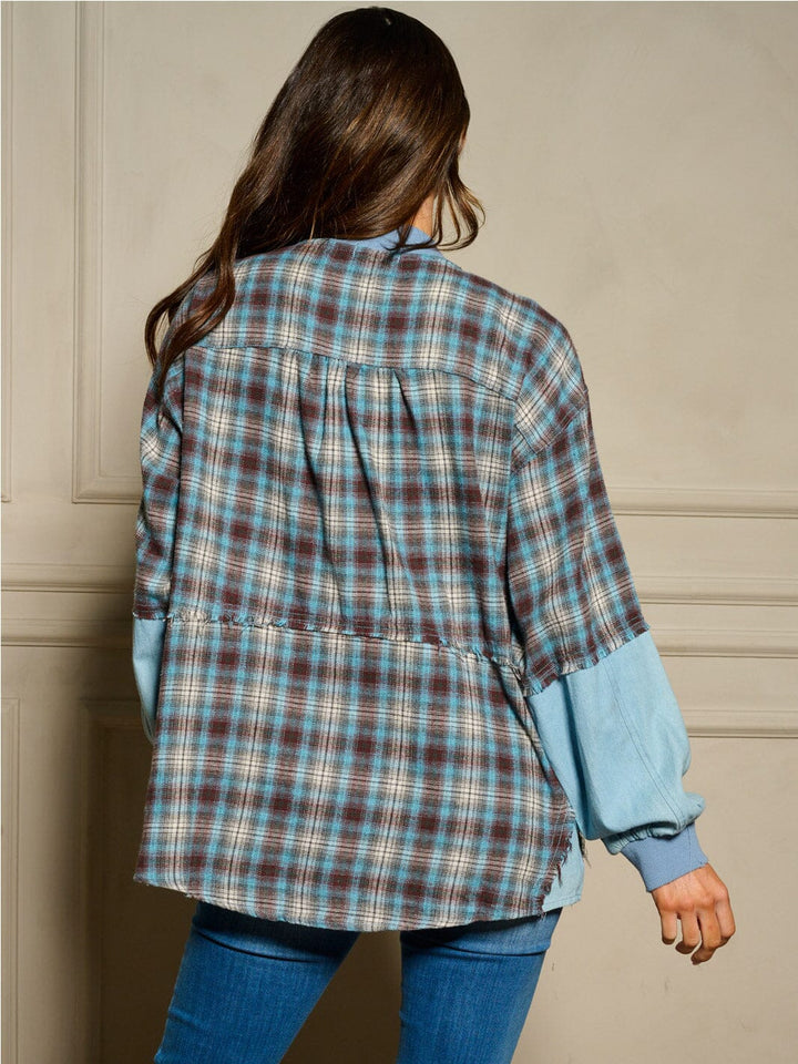 WOMEN'S LONG SLEEVE ZIP UP FRONT POCKETS PLAID CHAMBRAY JACKET