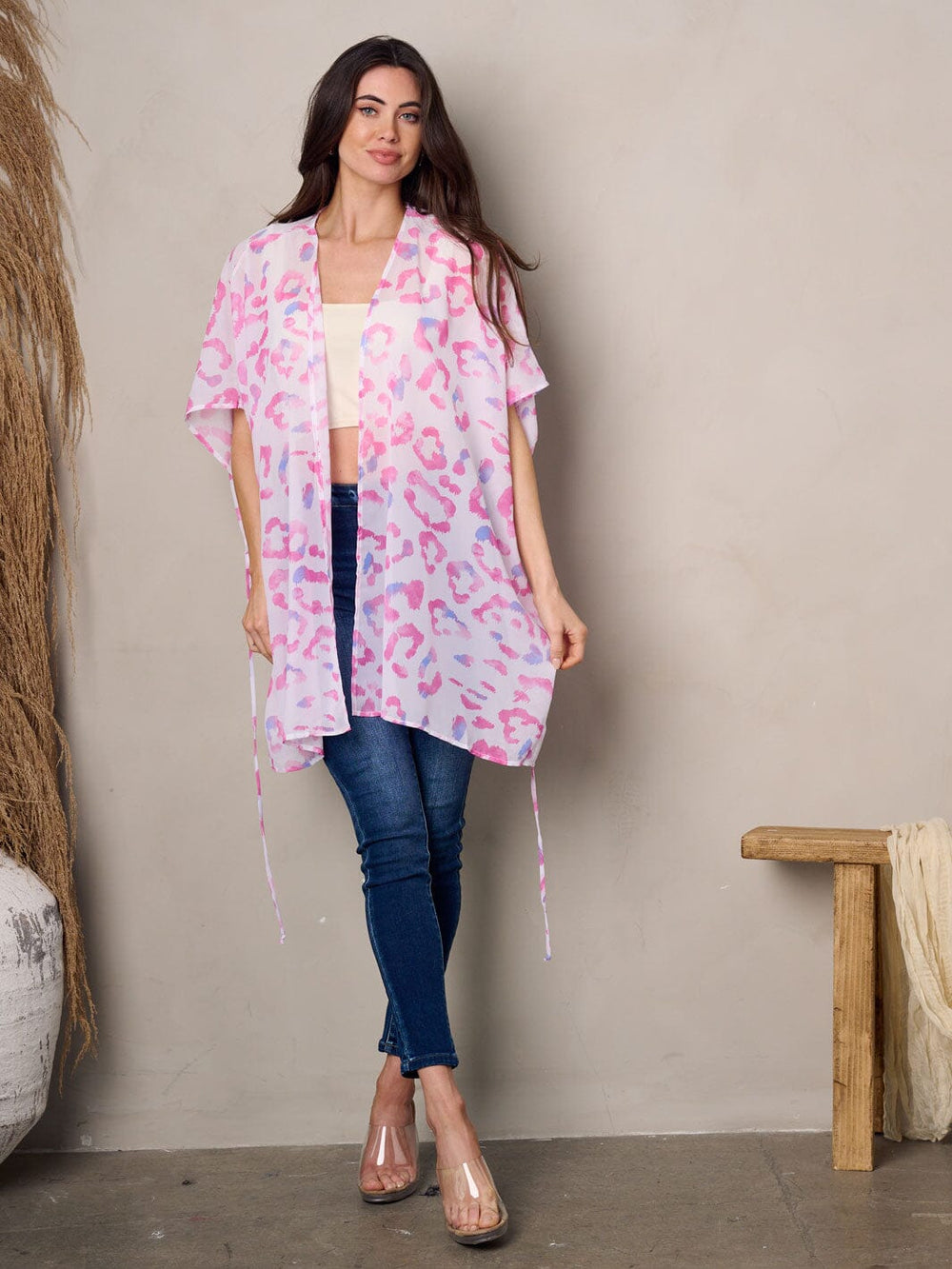 WOMEN'S SHORT SLEEVE OPEN FRONT SELF TIE KIMONO