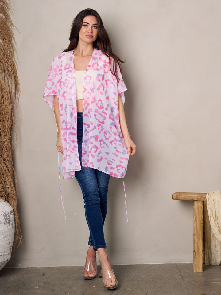 WOMEN'S SHORT SLEEVE OPEN FRONT SELF TIE KIMONO