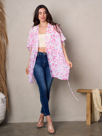 WOMEN'S SHORT SLEEVE OPEN FRONT SELF TIE KIMONO