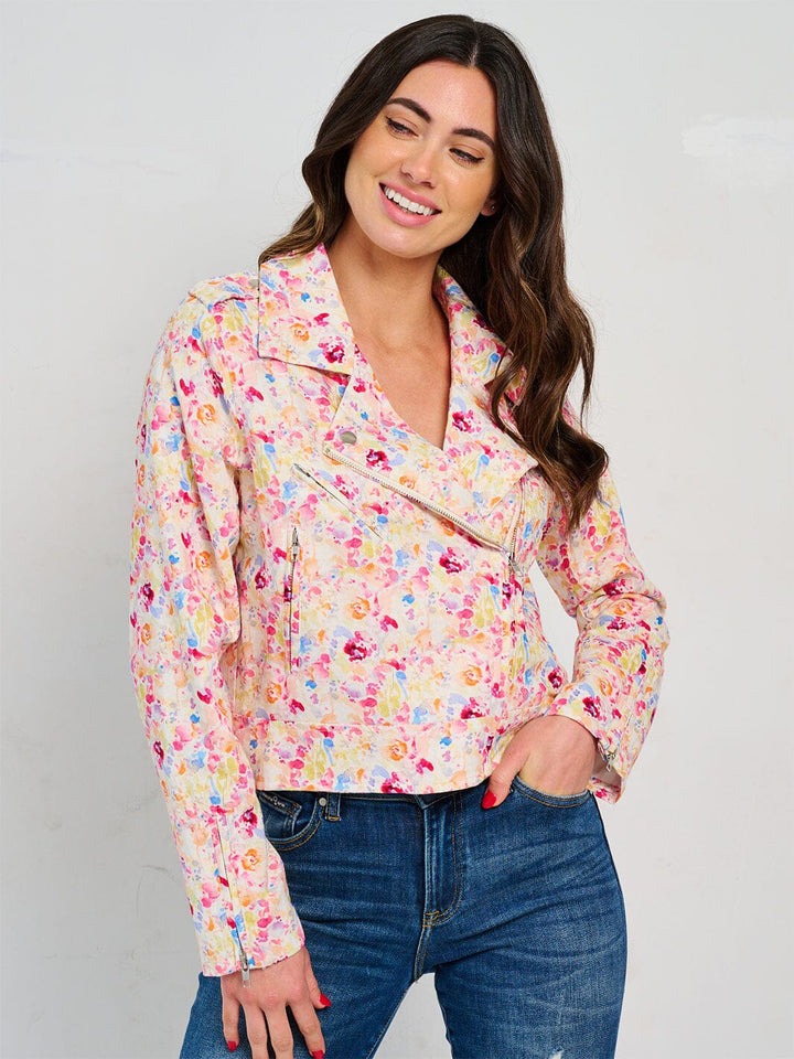 WOMEN'S LONG SLEEVE POCKETS ZIPPER CLOSURE FLORAL JACKET