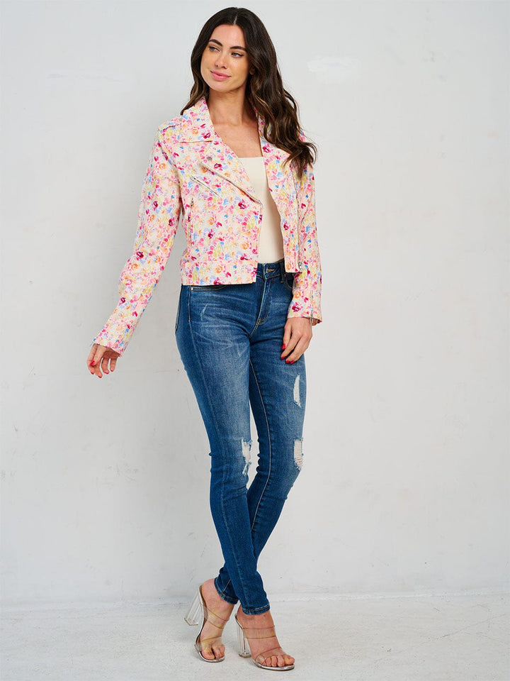 WOMEN'S LONG SLEEVE POCKETS ZIPPER CLOSURE FLORAL JACKET