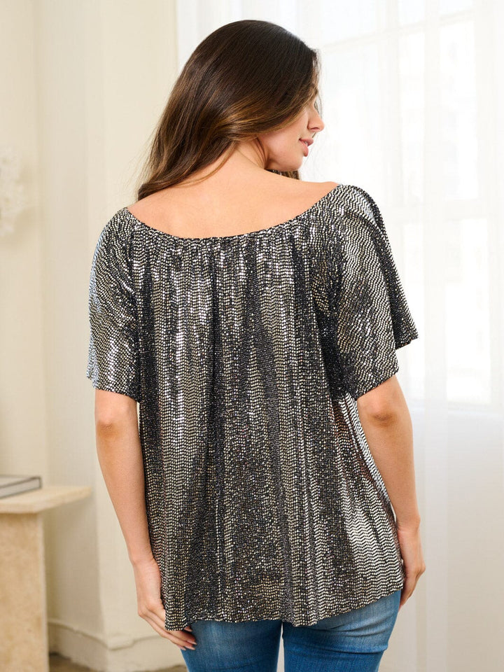 WOMEN'S SHORT SLEEVES TUNIC SEQUINS BLOUSE TOP