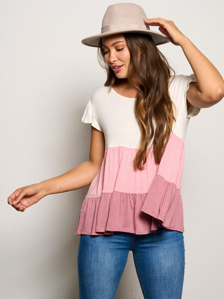 WOMEN'S SHORT SLEEVE TIERED COLORBLOCK TUNIC BLOUSE TOP