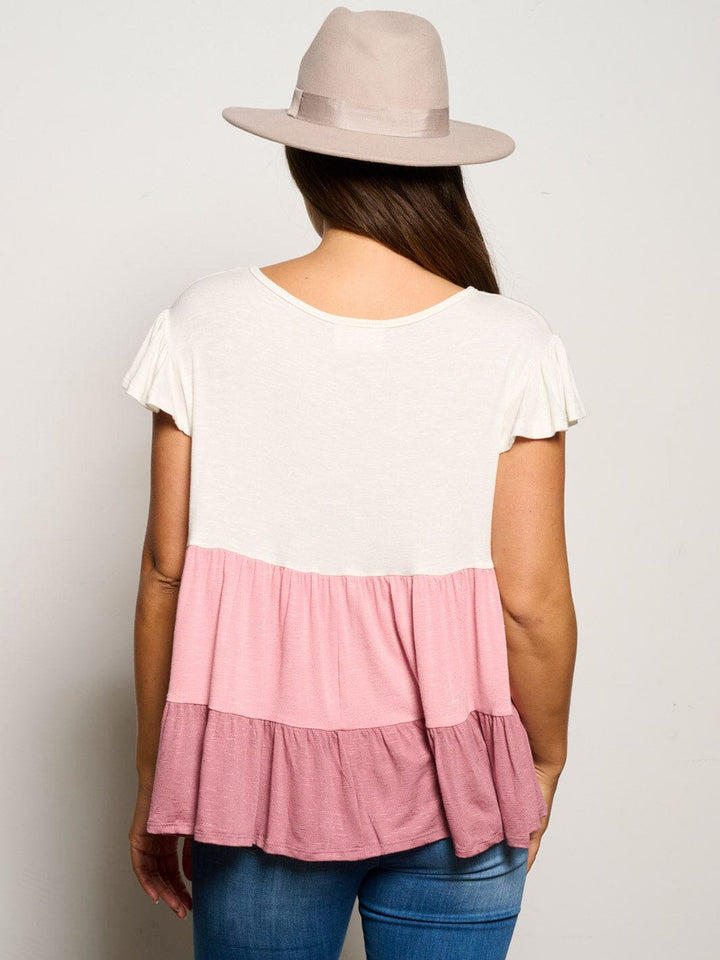 WOMEN'S SHORT SLEEVE TIERED COLORBLOCK TUNIC BLOUSE TOP