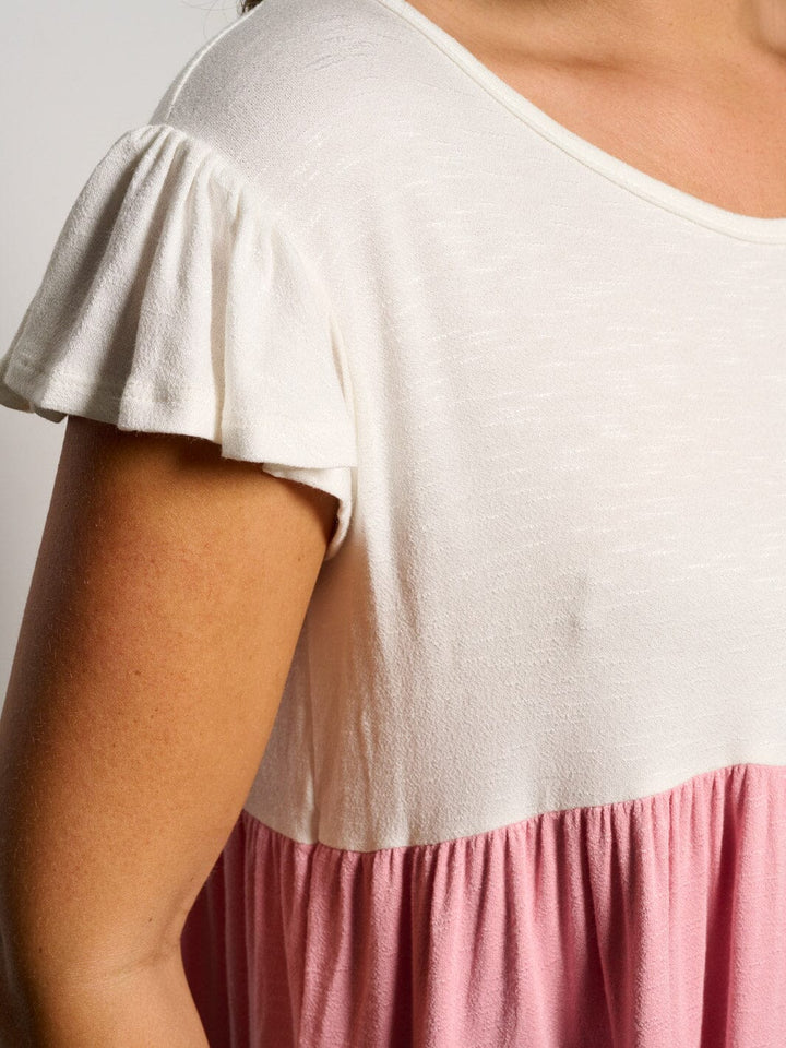 WOMEN'S SHORT SLEEVE TIERED COLORBLOCK TUNIC BLOUSE TOP