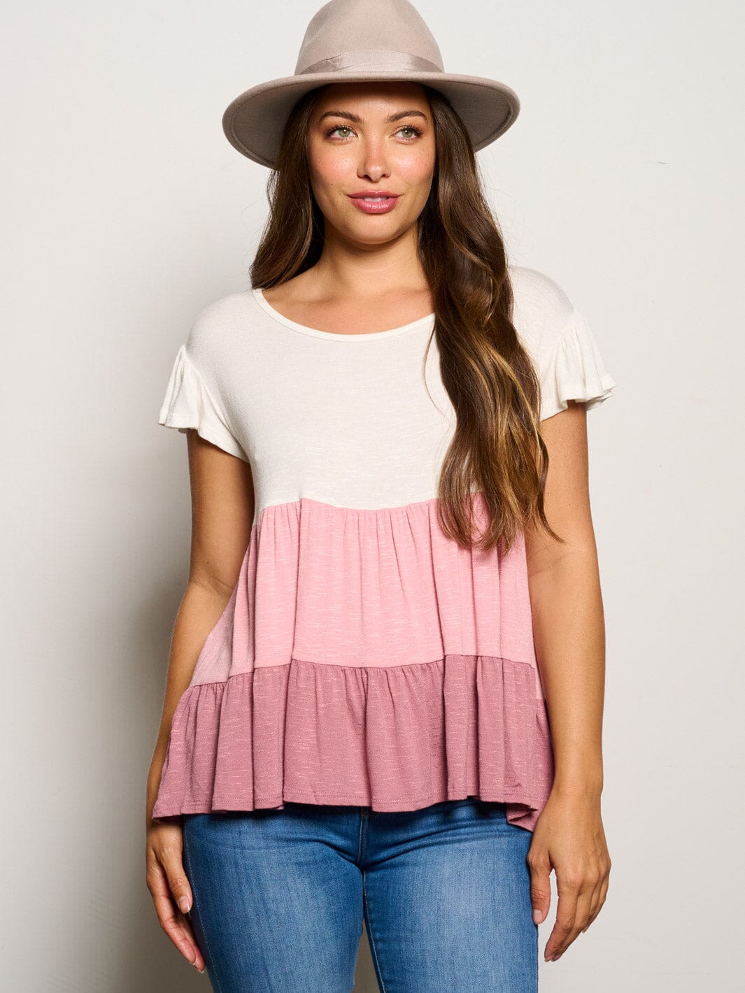 WOMEN'S SHORT SLEEVE TIERED COLORBLOCK TUNIC BLOUSE TOP