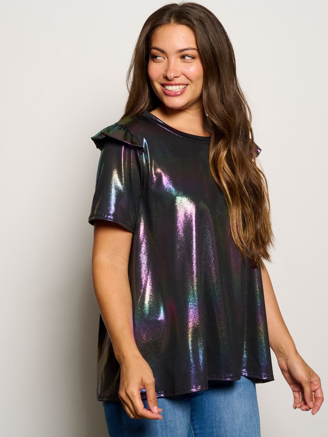 WOMEN'S SHORT RUFFLE SLEEVE MULTI COLOR METALLIC BLOUSE TOP