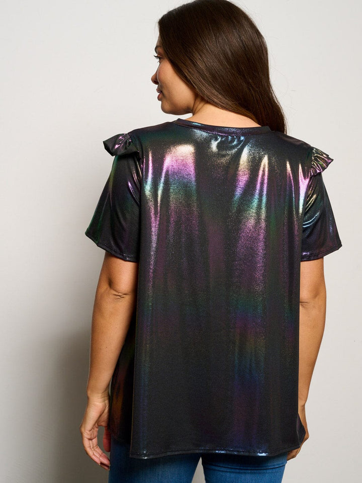 WOMEN'S SHORT RUFFLE SLEEVE MULTI COLOR METALLIC BLOUSE TOP