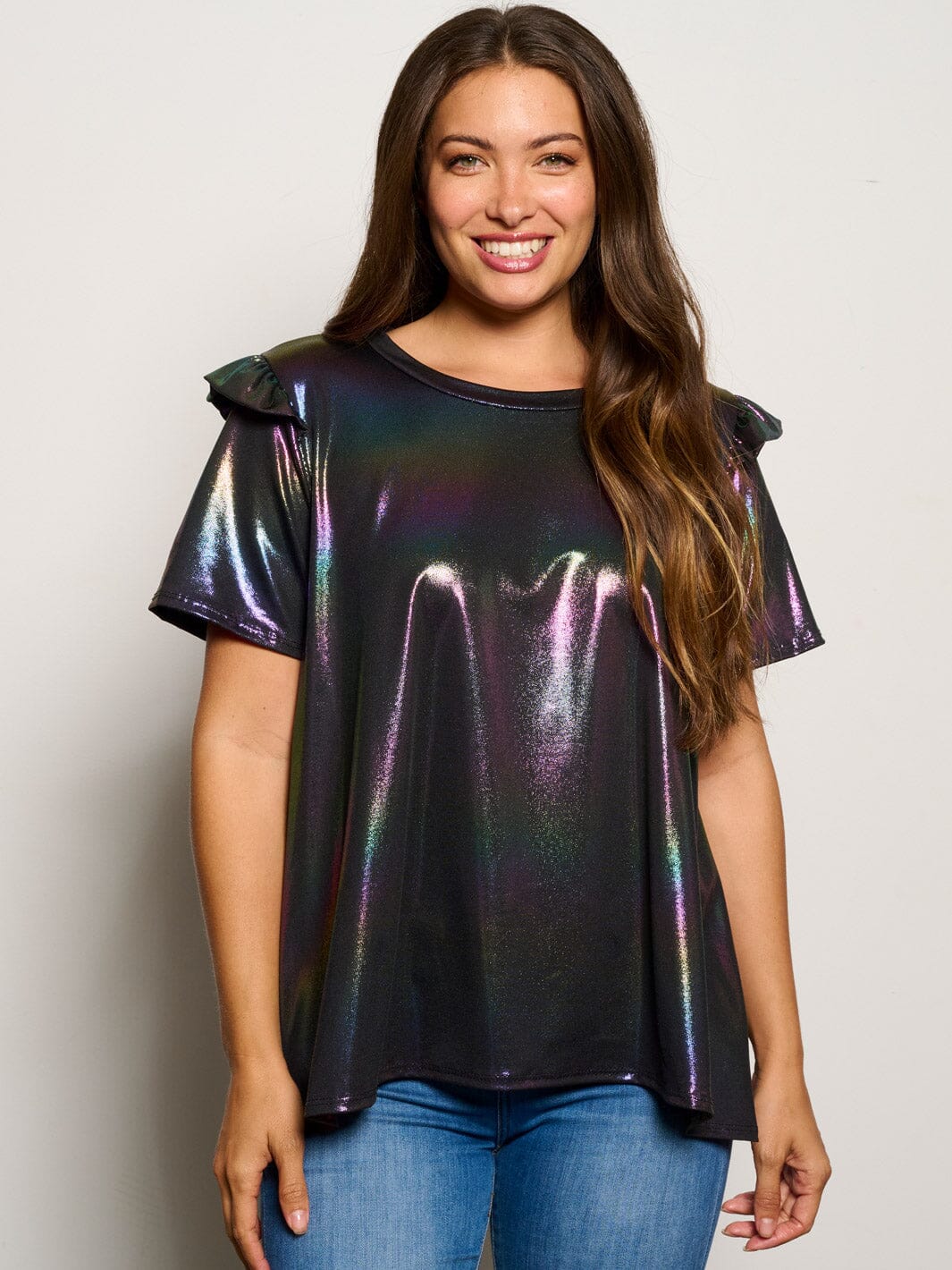 WOMEN'S SHORT RUFFLE SLEEVE MULTI COLOR METALLIC BLOUSE TOP