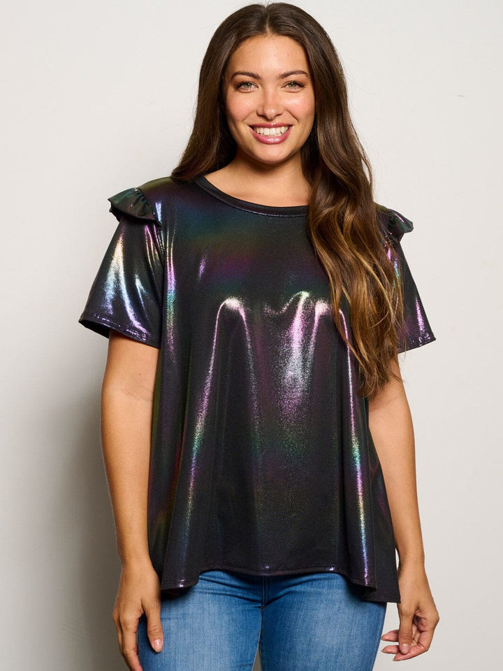 WOMEN'S SHORT RUFFLE SLEEVE MULTI COLOR METALLIC BLOUSE TOP