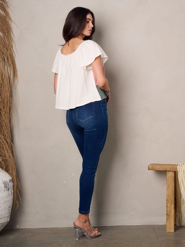 WOMEN'S SHORT RUFFLE COLORBLOCK TUNIC TOP