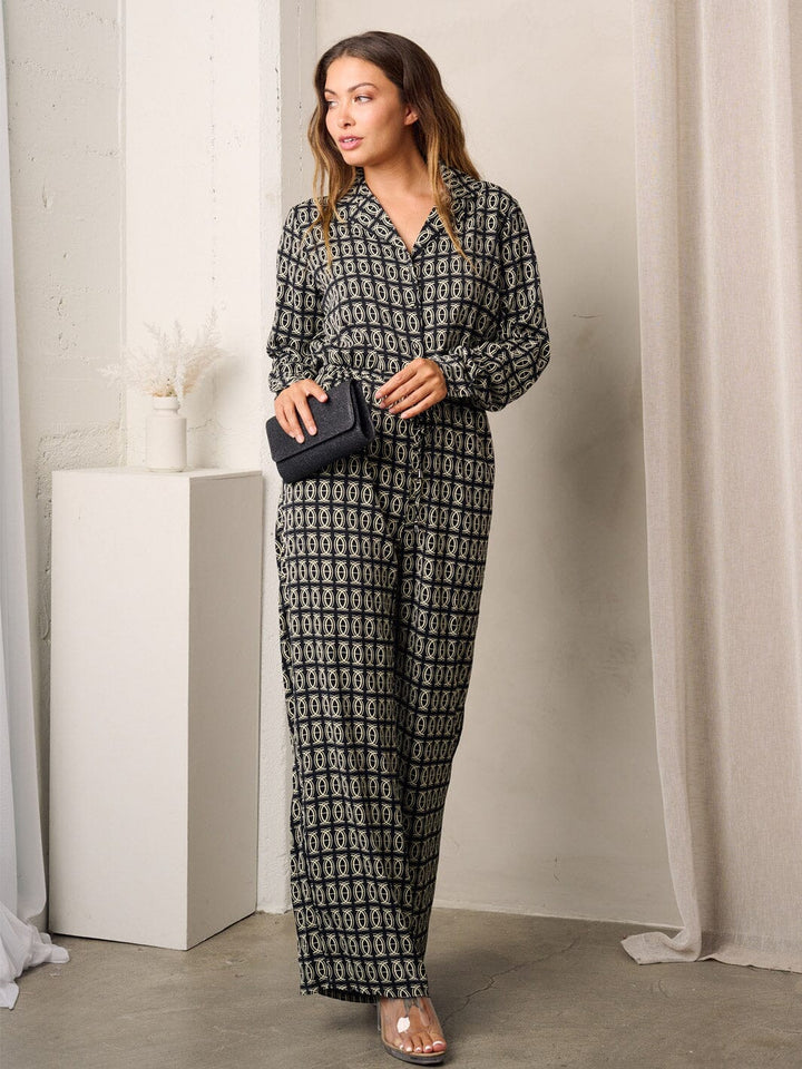 WOMEN'S LONG SLEEVE BUTTON UP MULTI PRINT JUMPSUIT