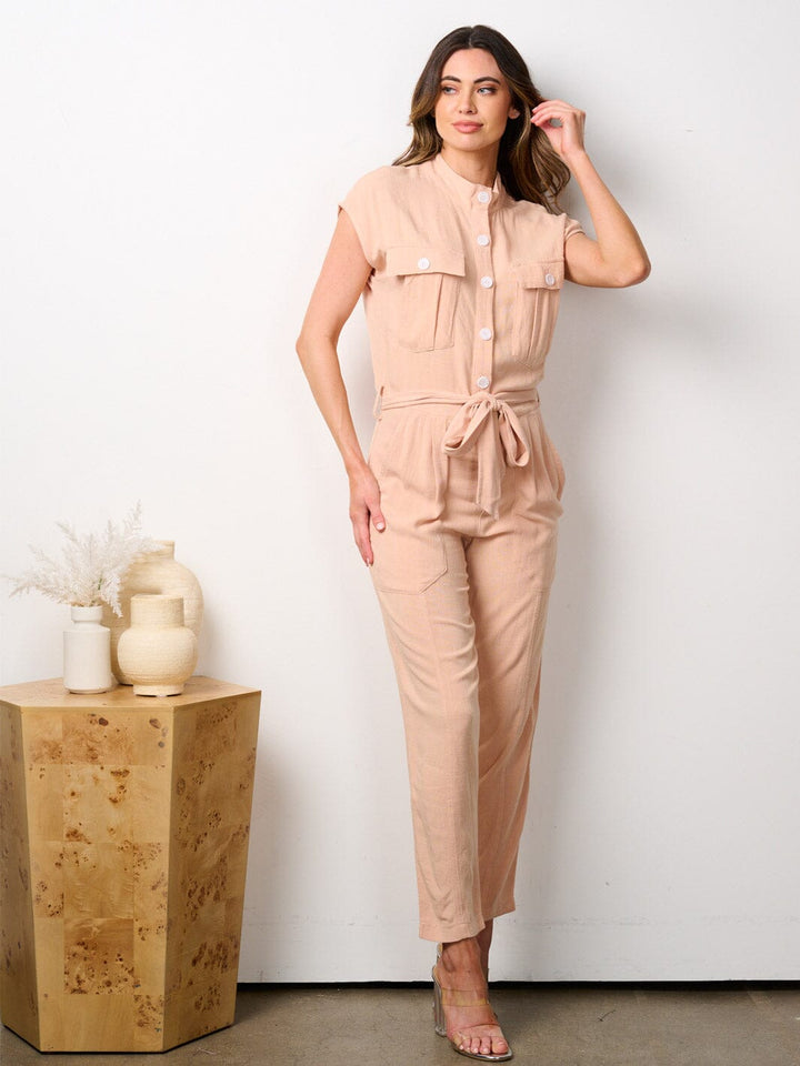 WOMEN'S SHORT SLEEVE BUTTON UP POCKETS SELF TIE JUMPSUIT