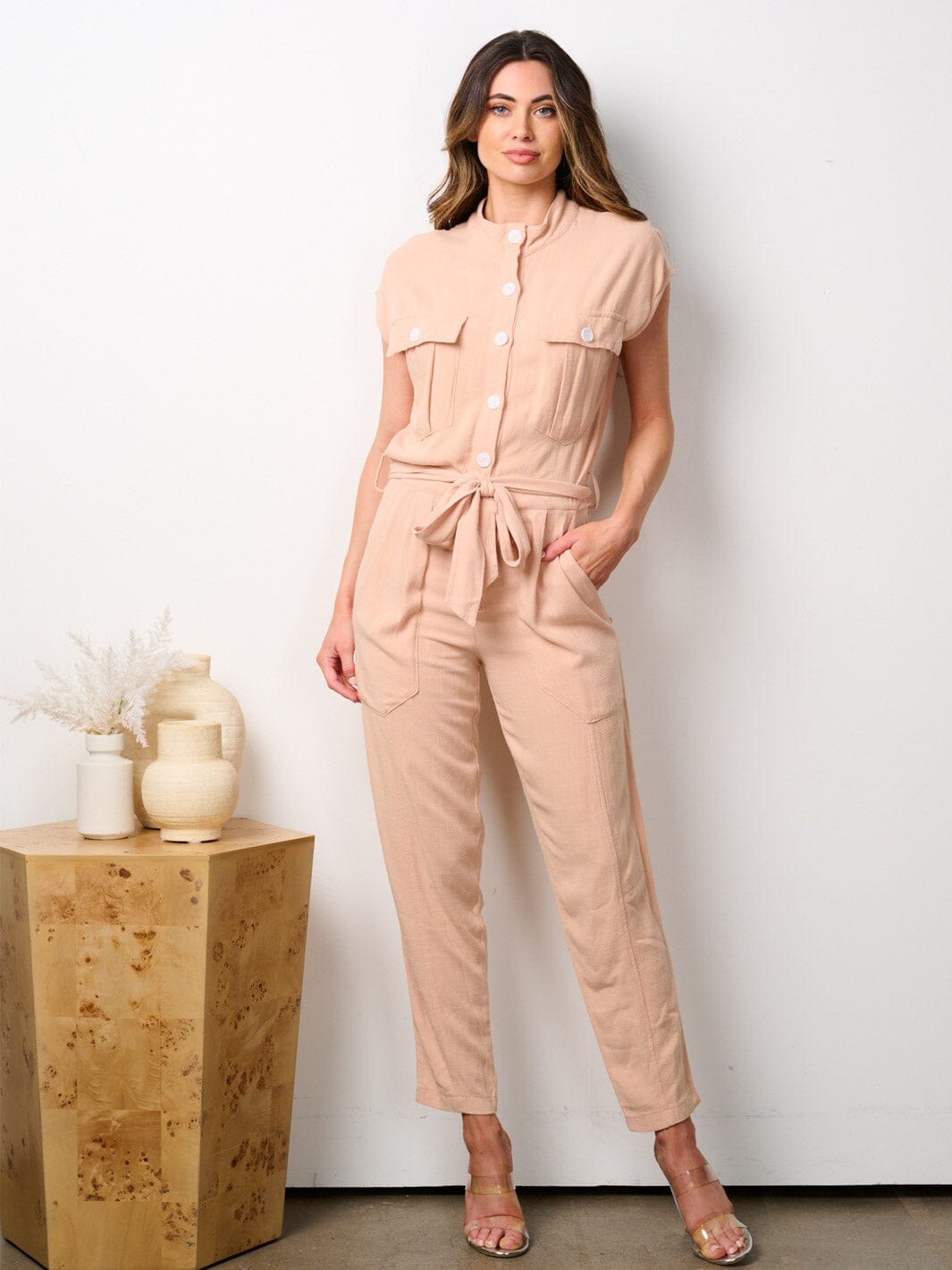WOMEN'S SHORT SLEEVE BUTTON UP POCKETS SELF TIE JUMPSUIT