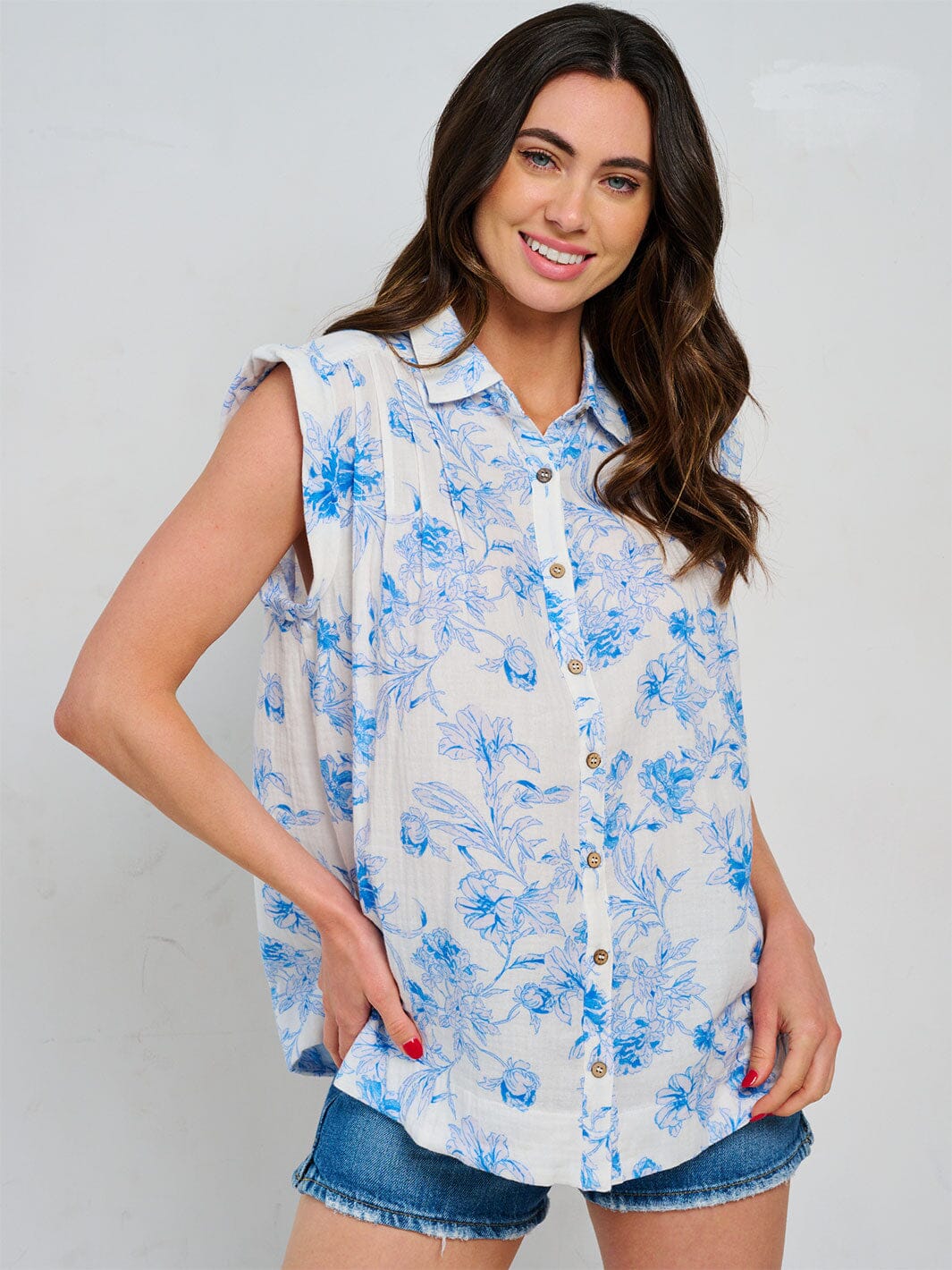 WOMEN'S SLEEEVELES BUTTON UP FLORAL TUNIC BLOUSE