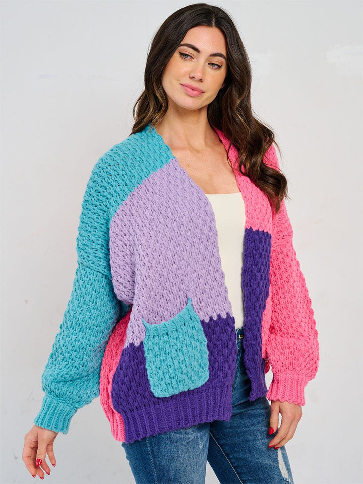 WOMEN'S LONG SLEEVE OPEN FRONT POCKETS COLORBLOCK KNIT CARDIGAN