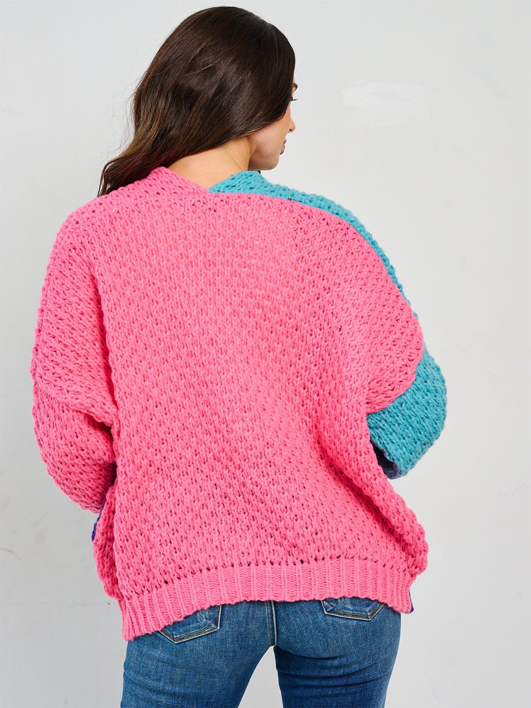WOMEN'S LONG SLEEVE OPEN FRONT POCKETS COLORBLOCK KNIT CARDIGAN