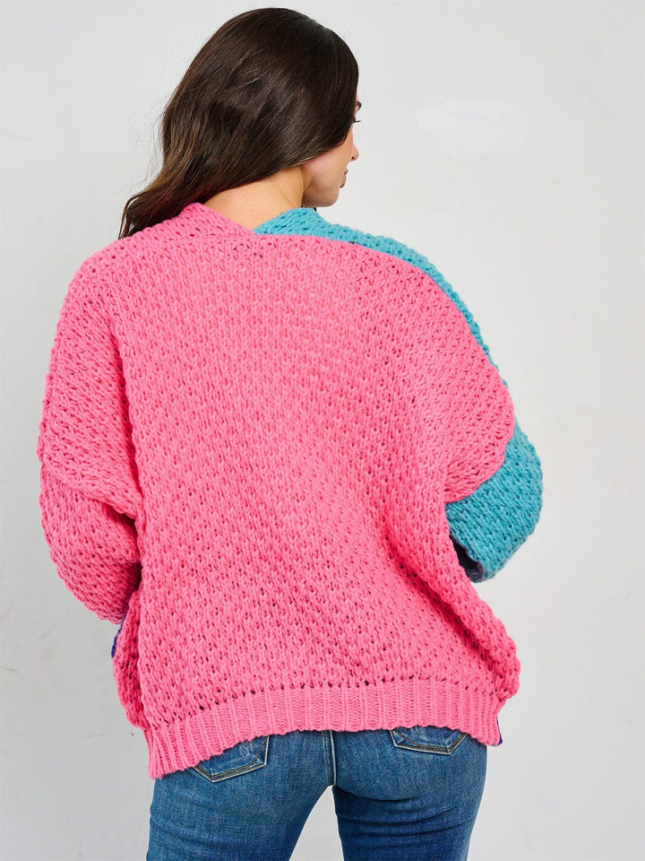 WOMEN'S LONG SLEEVE OPEN FRONT POCKETS COLORBLOCK KNIT CARDIGAN